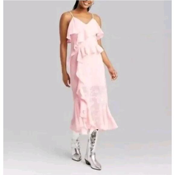 NWT Wild Fable Blush Pink Ruffle Embossed Floral Midi Dress Plus Size 2x Fairy - Picture 2 of 16